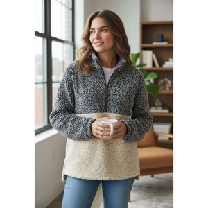 Time and Tru Women's Sherpa Quarter-Zip Pullover Sweater Blue Size L